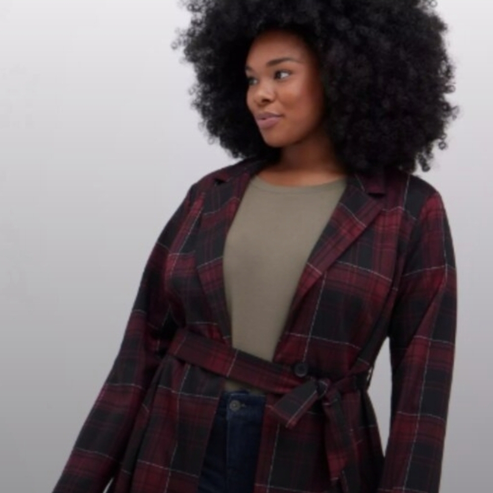 Torrid Red and Black Plaid Trench Coat